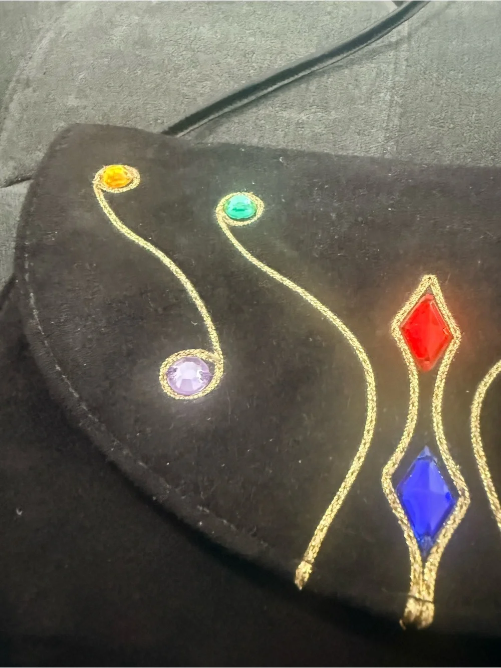 VTG. JRenee Blk suede w/ whimsical gold embroidery and cabochon jewels